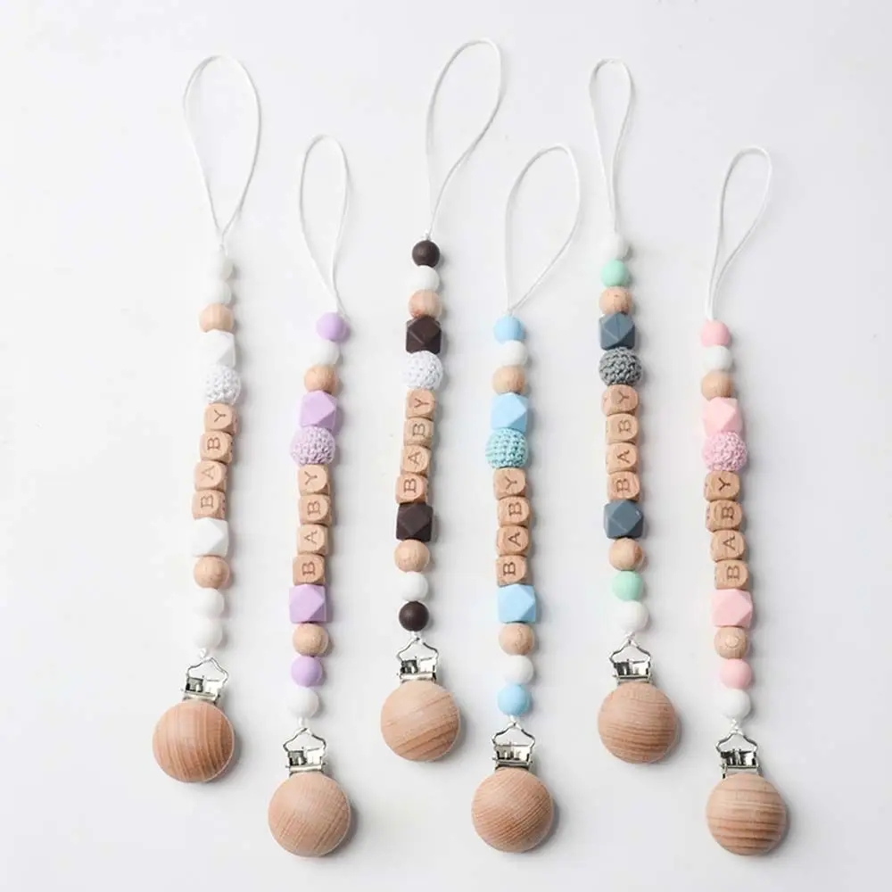 

Dummy Chain Holder Baby Chew Accessories Beech Wood Pacifier Clips Soother Chains Baby Teething Toy Infant Nipple Clamp