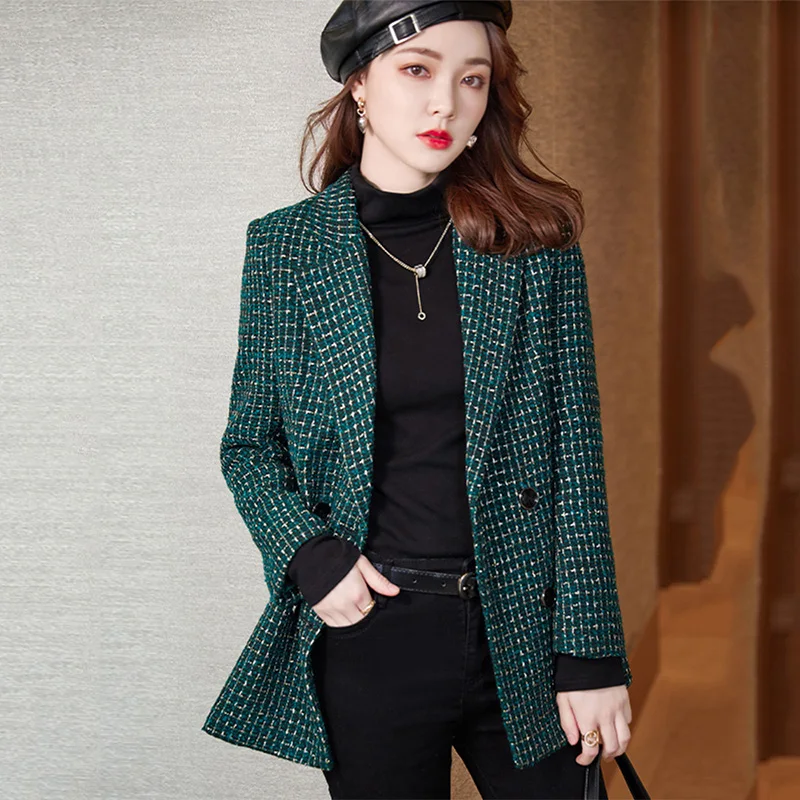 

Pop Suit Wool Tweed Coat Women Autumn Winter Nice Elegant Fashion Luxury Suit Collar Houndstooth Slim Woolen Blend Suit Coat