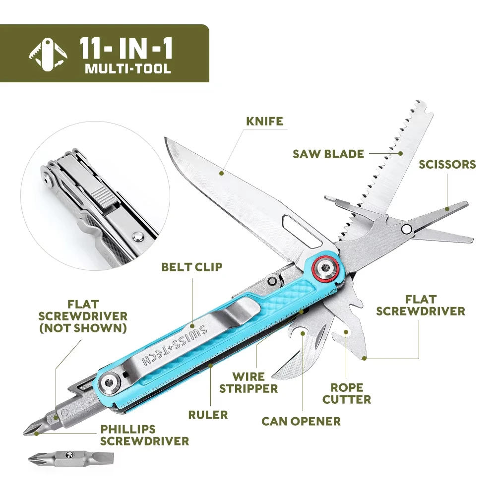 SWISS TECH 11 in 1 미니 멀티툴 다기능 도구(가위 드라이버 포함) EDC 야외 생존 핸드 툴