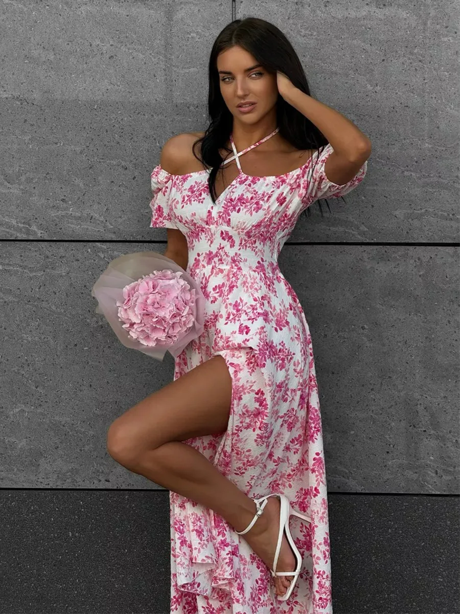 Bornladies 2026 Summer New Women's Off-Shoulder Floral Dress Short Sleeve Lace-Up Smocked Printed Split Maxi Dress