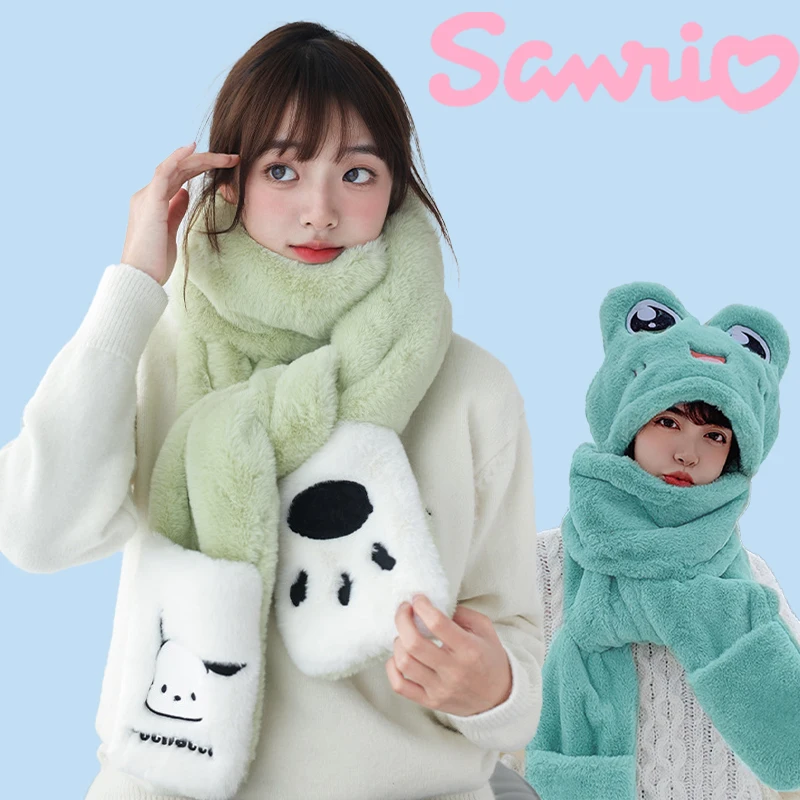 

Kawaii Sanrioed Kuromi Pochacco Warm Plush Scarf Keroppi Anime Winter Neck Protector Scarve Wrap Shawl Cute Cartoon Hats Gloves