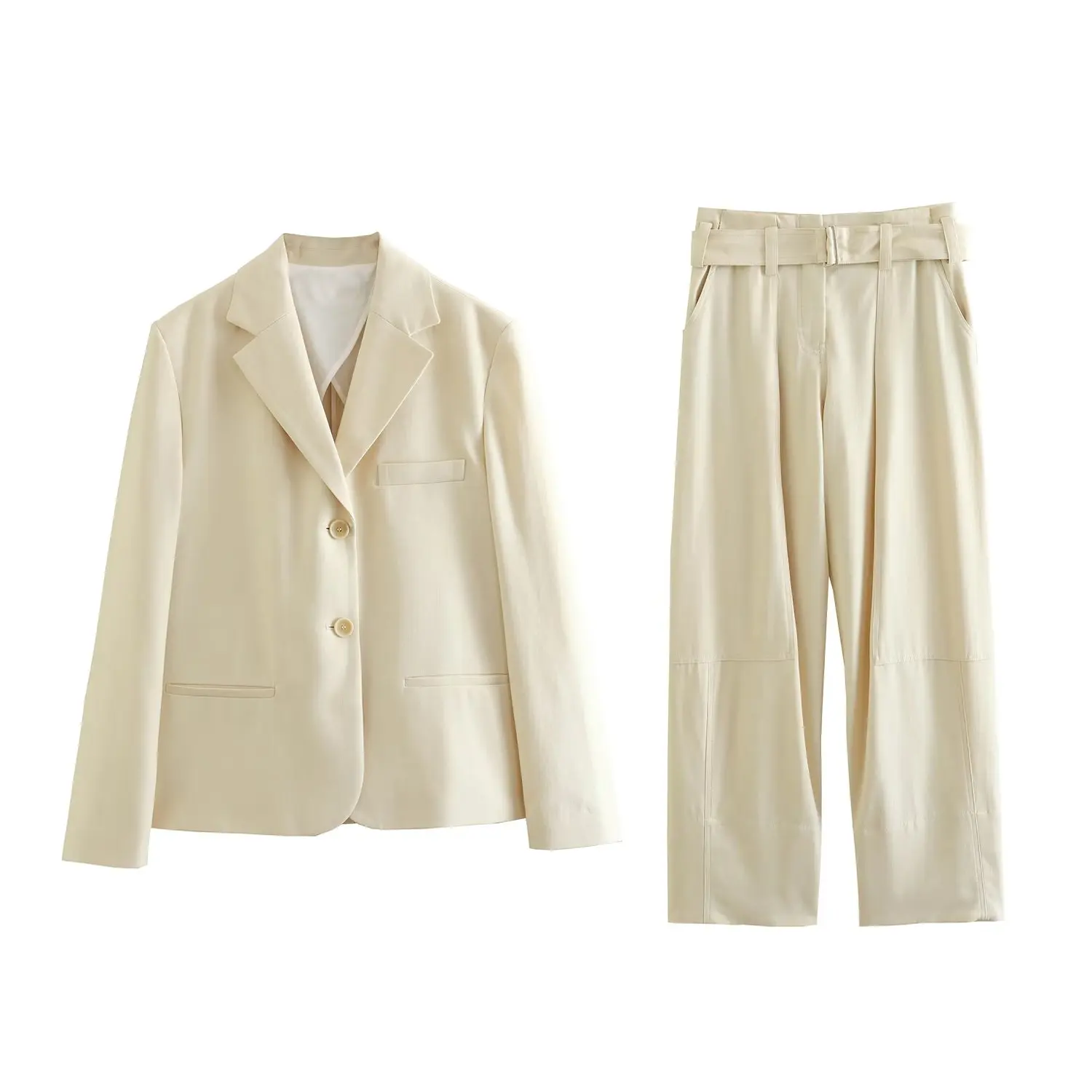 

Woman Elegant Beige Cotton Blazer Suit 2023 Spring Female Solid Single Breasted Straight Blazers Suits Ladies Belt Pant Sets