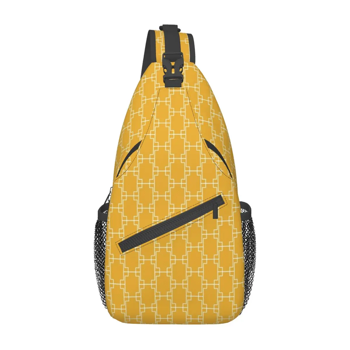 

Mustard Yellow Geometric Crossbody Sling Bags Small Chest Bag Vintage White Line Shoulder Backpack Daypack Hiking Outdoor Travel