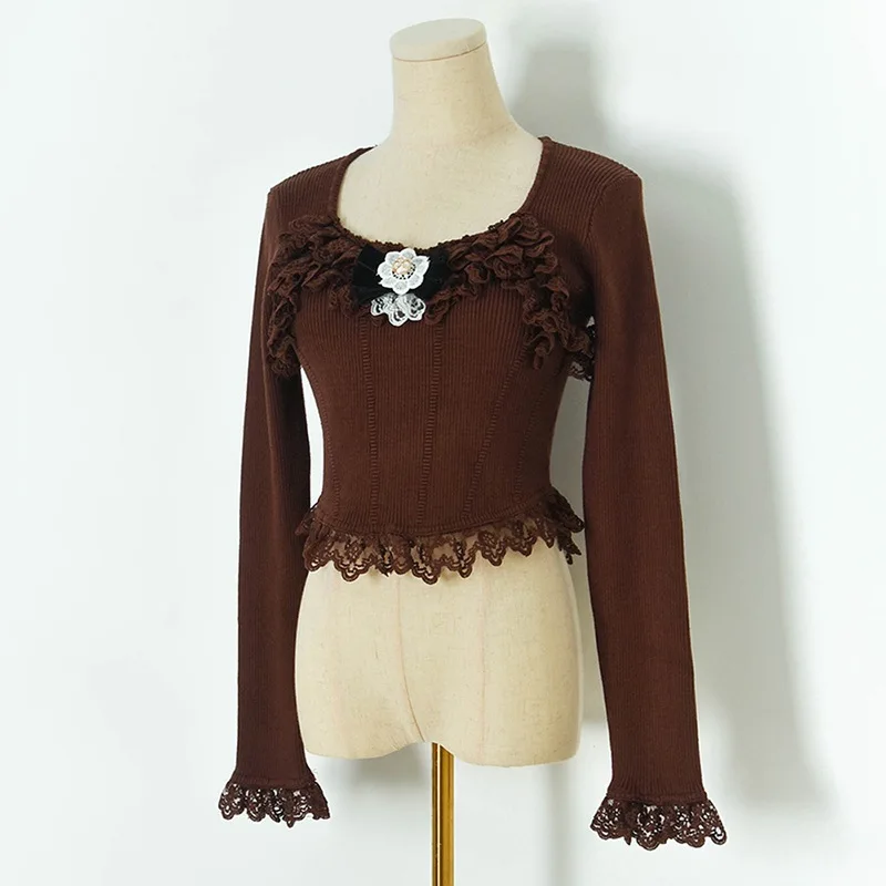 

Square Neck Lace Sexy Bow Long Sleeve Short Knitwear Pullovers 2024 Autumn Elastic Brown White Black Winter Bottoming Sweater