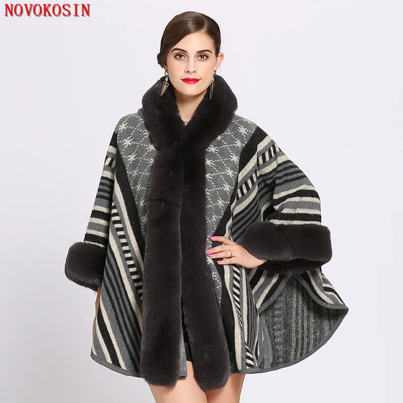 4 Colors Oversize Women Printed Striped Coat Female Long Sleeves Knitted Cardigan Cloak With Hat Winter Faux Rabbit Fur Poncho sc318 autumn street wear cloak 2019 loose cape winter knitted poncho women solid female long sleeve cardigan vintage coat