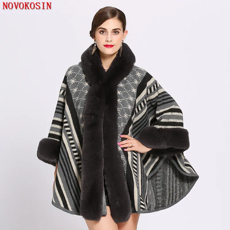 4 Colors Oversize Women Printed Striped Coat Female Long Sleeves Knitted Cardigan Cloak With Hat Winter Faux Rabbit Fur Poncho 2021 women jacquard weave houndstooth coat female fur long sleeves big pendulum zipper cardigan winter big faux fox fur poncho