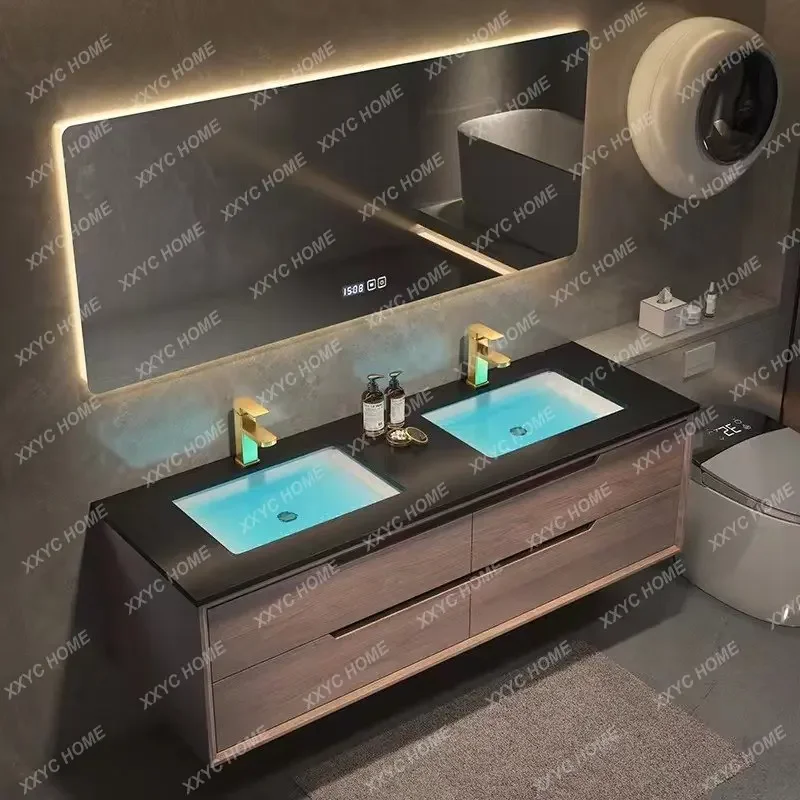 Bathroom Cabinet Combination Red Oak Wash Basin Light Luxury Washbasin Ceramic Seamless Integrated Double Inter-Platform Basin