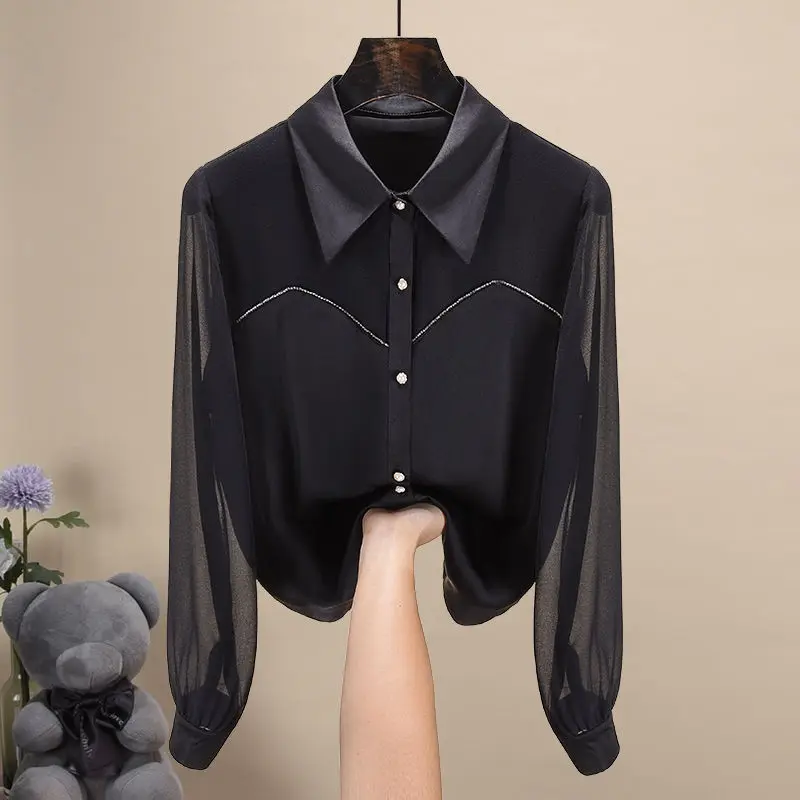 Female Clothing Stylish Bright Line Decoration Blouse Solid Color Polo-Neck Spring Autumn Spliced Chic Single-breasted Shirt New fashion chic faux leather belt for women metal pin buckle waist strap female dress jeans trouser students decoration waistband