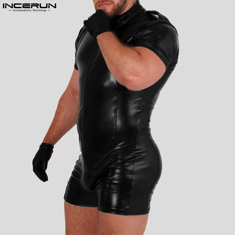 INCERUN-Macacão monocromático de couro PU com zíper para homens, manga comprida, gola, bodysuits casuais, playsuits sexy, S-5XL, 2023