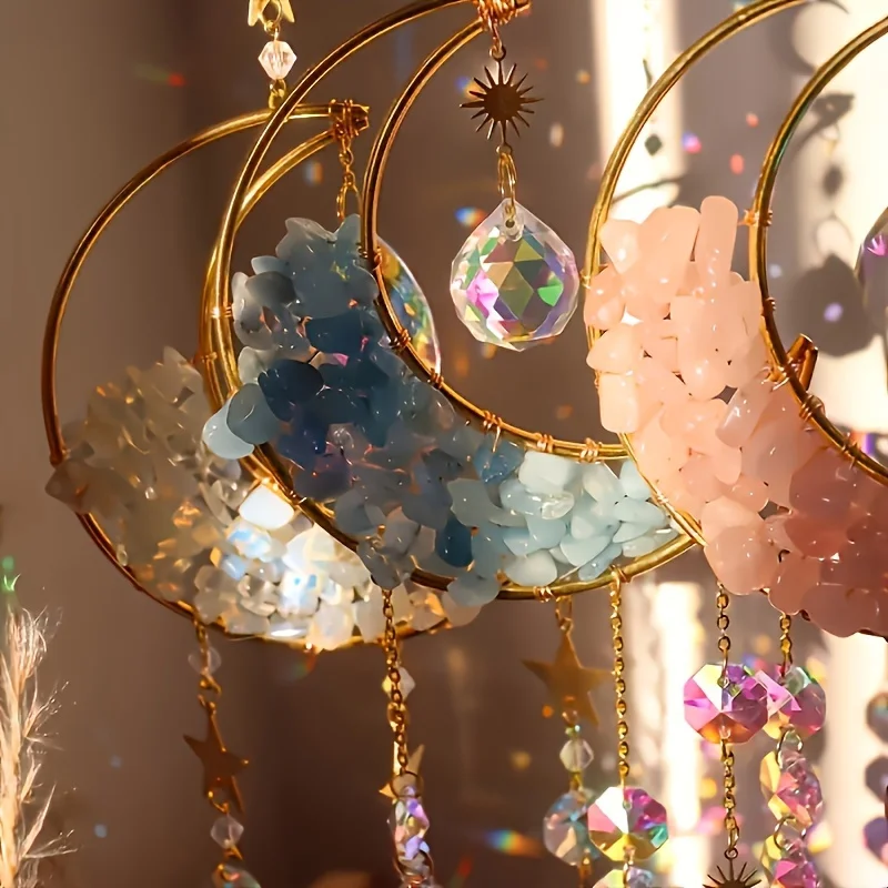 Moon Shaped Crystal Sun Catcher 1/4pcs Moon Shaped Crystal Sun Catcher Car Pendant Magic Rainbow Hanging Wall Decoration Fantasy Crystal Pendant Rainbow