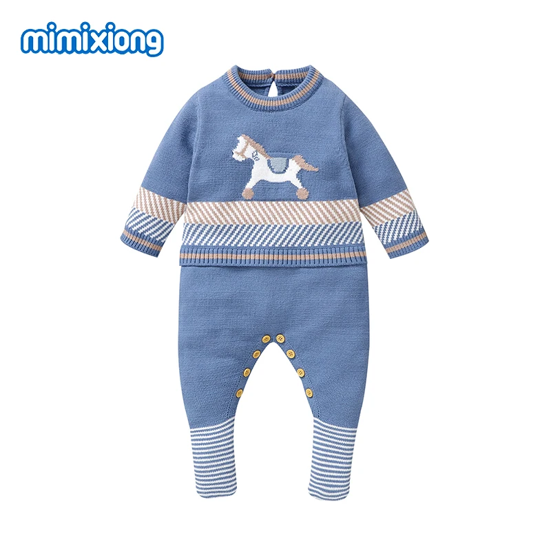 

Baby Boys Rompers Clothes 0-9m Newborn Infant Blue Crew Neck Long Sleeve Knitted Jumpsuits Playsuit Autumn Winter Toddler Outfit