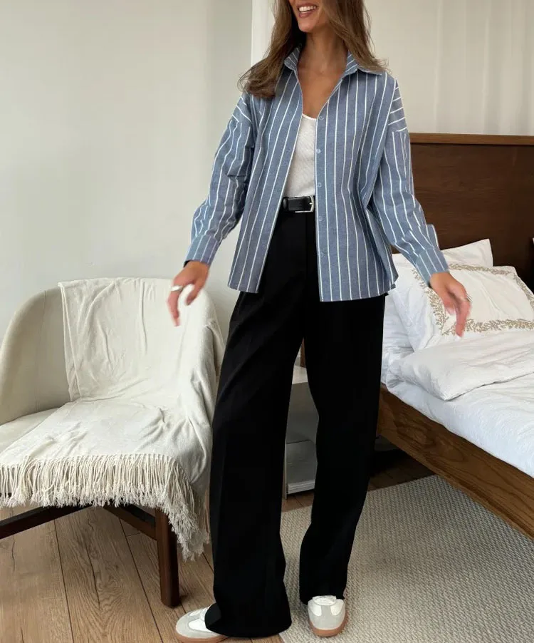 Übergroße gestreifte Hemden und Blusen, lockere Passform, lässige Mode, Umlegekragen, Button-Down-Oberteil für Frühling und Sommer, Damenbekleidung – Detail 15