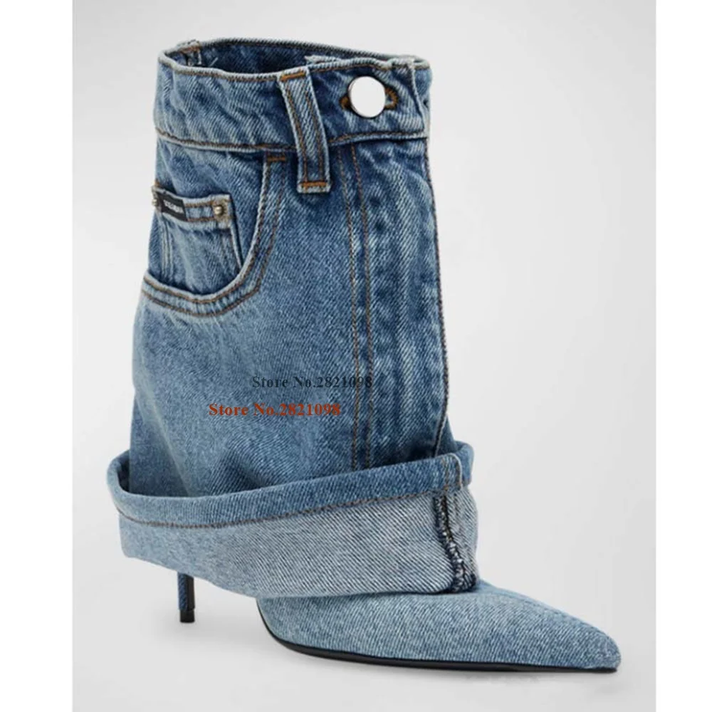 

Cuff Pointed Toe Bootie Patchwork Denim Ankle Boots Women Thin High Heel Slouch Pointy Slip On Stiletto Heeled Short Boots