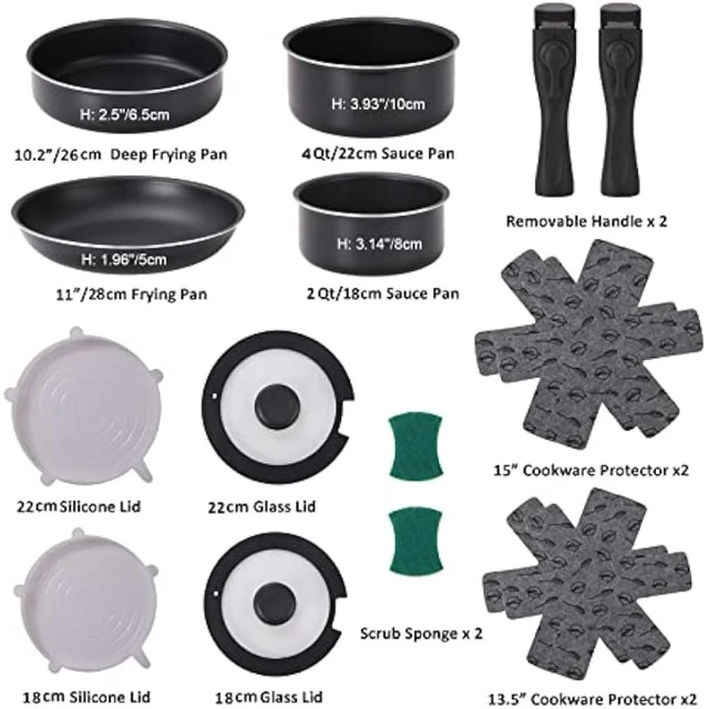 16 Pieces Kitchen Removable Handle Cookware Sets, Stackable Pots