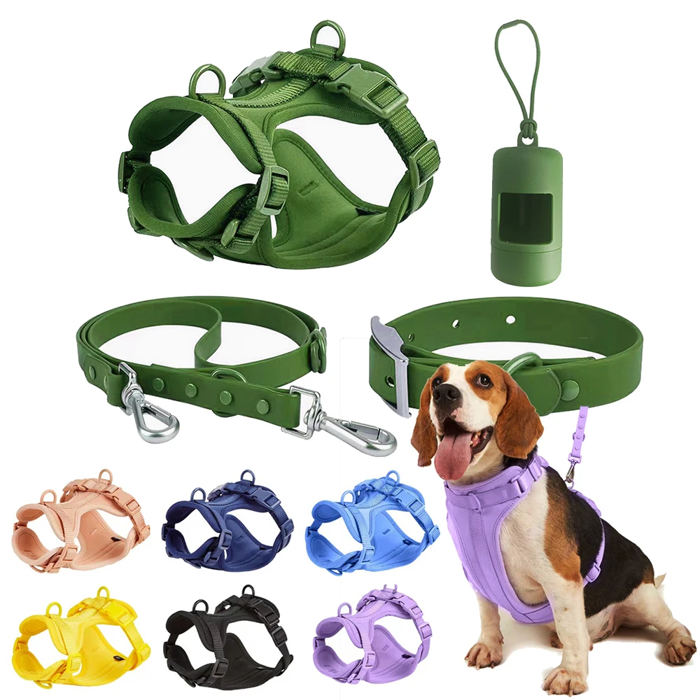 Pvc Dog Harness Leash Collar Set With Trash Box Adjustable Breathable
