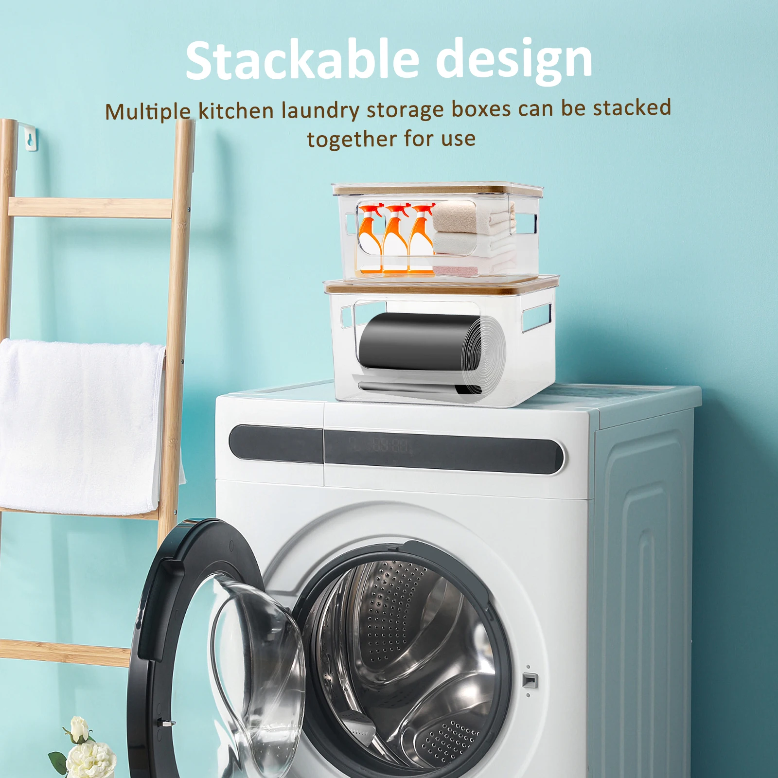 2 Pcs Transparent Trash Bag Holder with Bamboo Lid Large Capacity Laundry Room Storage Box Stackable Clear Kitchen Organizer