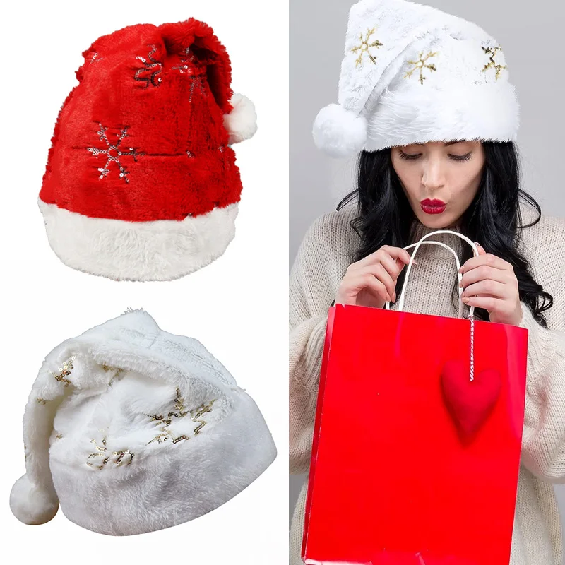 

Soft Plush Christmas Hat Red White Snowflake Santa Hats New Year Decoration Holiday Xmas Ornament Navidad Party Supplies