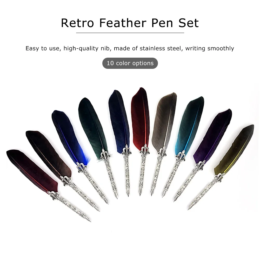 1 Set Vintage Feather Pen with 5 Pen-Nibs Oblique Pen Set Retro Calligraphy Feather Dip Pen Creative Birthday Holiday Gift Set