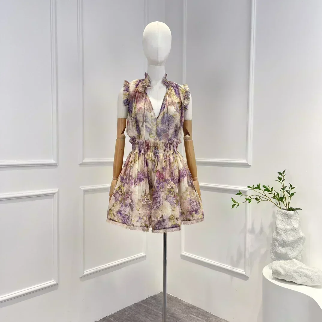 

High Qaulity Floral Printing Sleeveless V-neck Ruffle Patchwork Tops and Shirred Tassel Mini Skirt Women Set