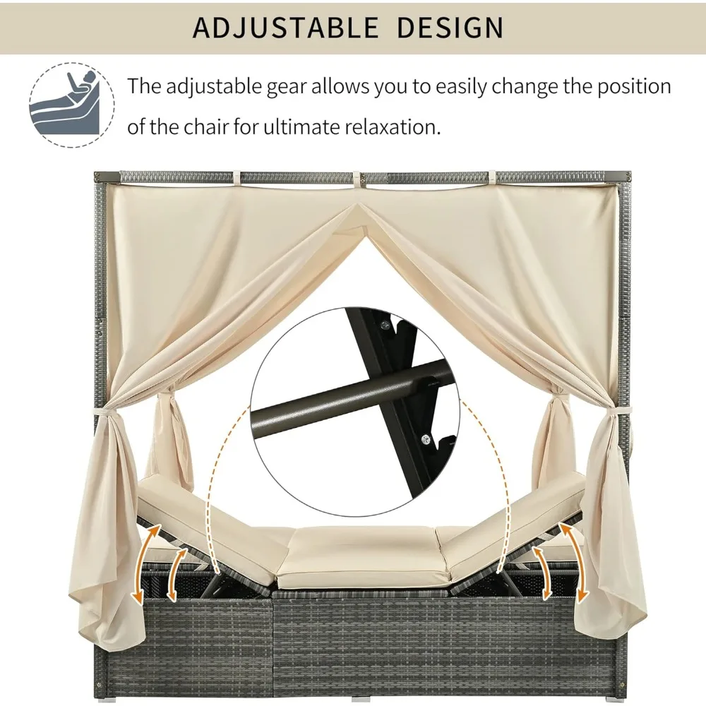 Outdoor Patio Wicker Sunbed Daybed with Canopy, Overhead Curtains, Cushions, Lounge Chairs with Adjustable Seats for Backyard 4