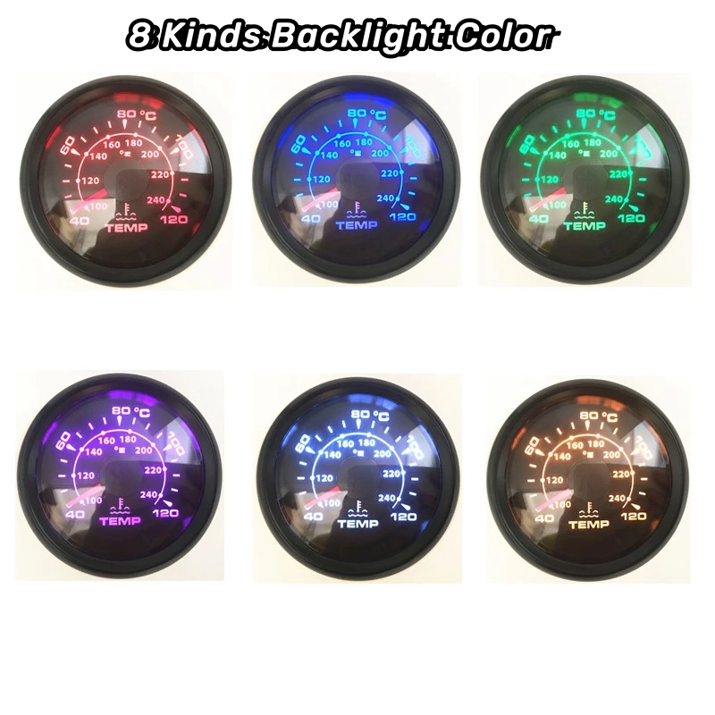 52mm 수온 측정기 40-120 ℃ /100-240 ℉   장치 표시 8가지 백라이트 색상 NPT38 M14X1.5 M16X1.5 수온 센서