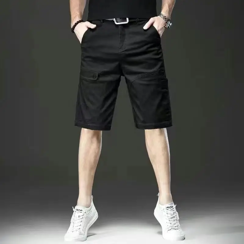 American Style Vintage Summer Casual Shorts Men's Solid Pocket Zipper Button Trend Versatile Straight Knee Length Cargo Pants
