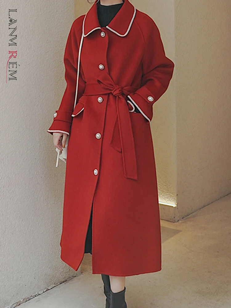 

LANMREM Fashion Belt Woolen Long Coat For Women Lapel Single Breasted Female Clothing Korean Style 2023 Winter New 2AA2879