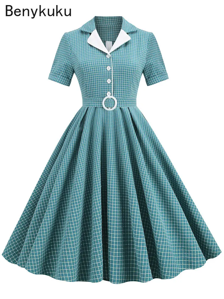

Turquoise Notched Collar Buttons Belted Vintage Plaid Dress Elegant Clothes for Women Short Sleeve 50s Robe Swing Midi Dresses