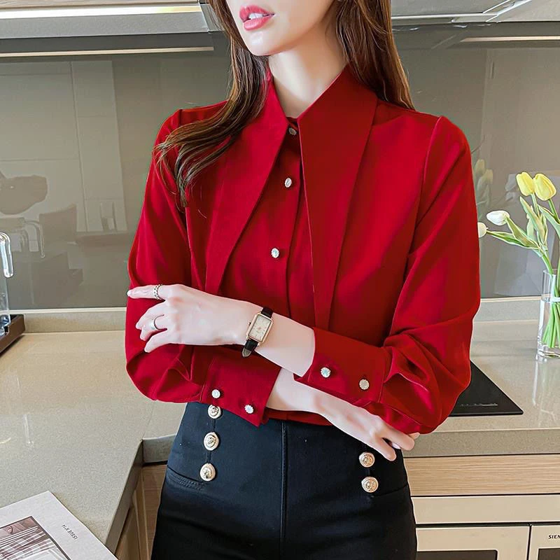 Camisa de manga larga con cuello puntiagudo para mujer, Top abotonado para oficina, Rojas, azules y blancas, camisas de gasa a la moda, novedad de primavera|Blusa| -