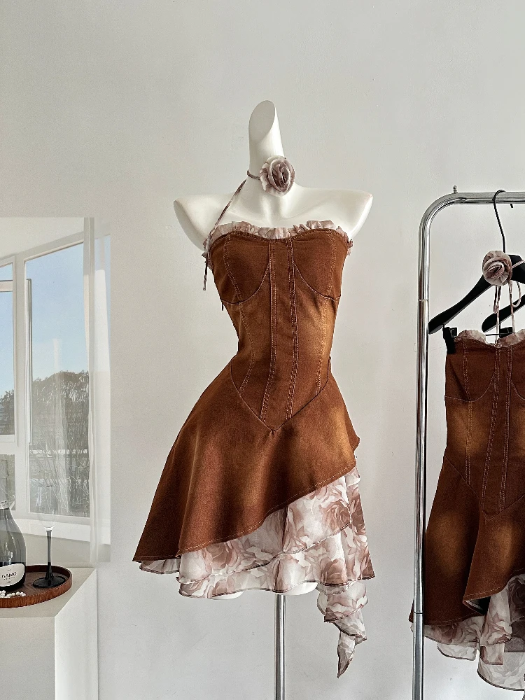 Summer American Style Retro Streetwear Denim Dress Women