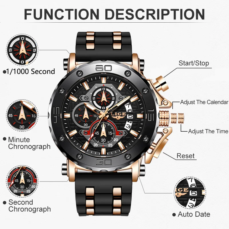 LIGE Men Watch Luxury Waterproof Quartz Wristwatch Chronograph Luminous Date Sports Silicone Clock Big Dial Man Watches+Box