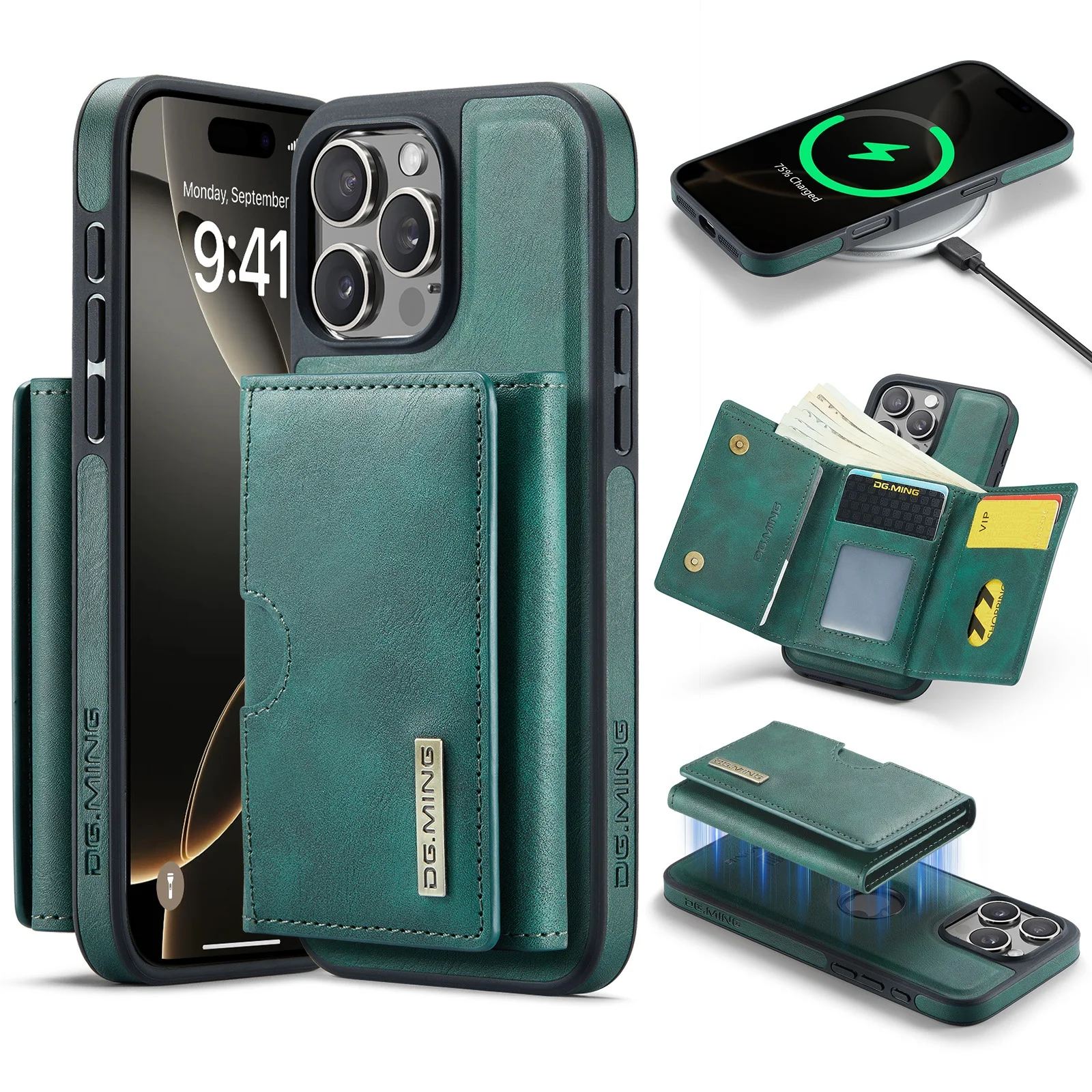 Magnetic Leather Detachable Wallet Phone Case with Wireless Charging and Card Slots