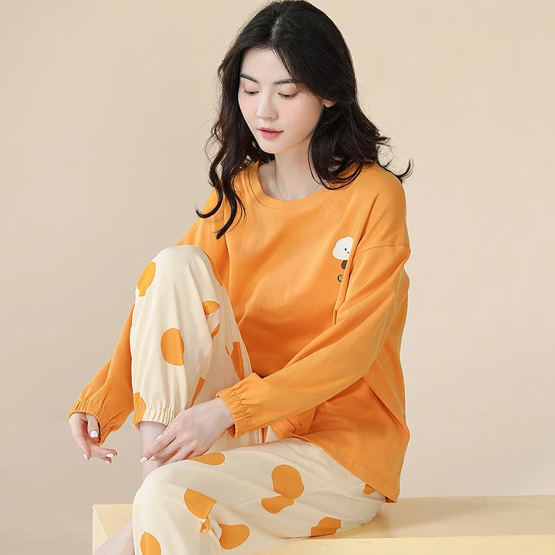 Spring Autumn Women's Pure Cotton Pajamas Round Neck Long Sleeve Pullover Pants Casual Home Clothing Set Comfortable Sleepwear