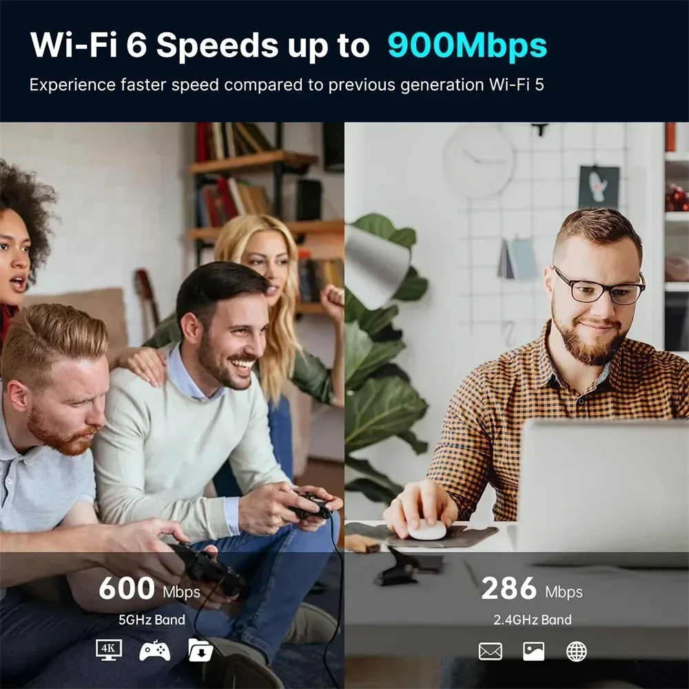WiFi 6 AX900 블루투스 5.4 WiFi USB 어댑터 무선 네트워크 카드 PC/노트북 Win10/11용 2.4G&5GHz Wi-Fi 안테나 신호 수신기