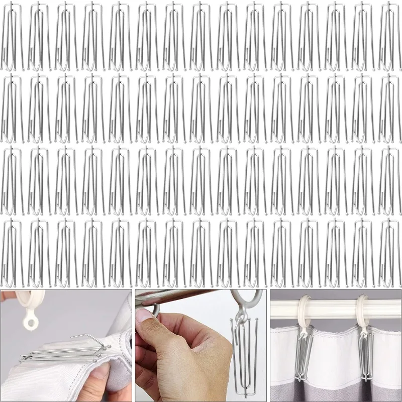 Description Picture 2 of item4 Prongs Curtain Hook Metal Drapery Pinch Pleat Clips Hooks Traverse Pleater Shower Curtain Hangers for Window Door Bathroom