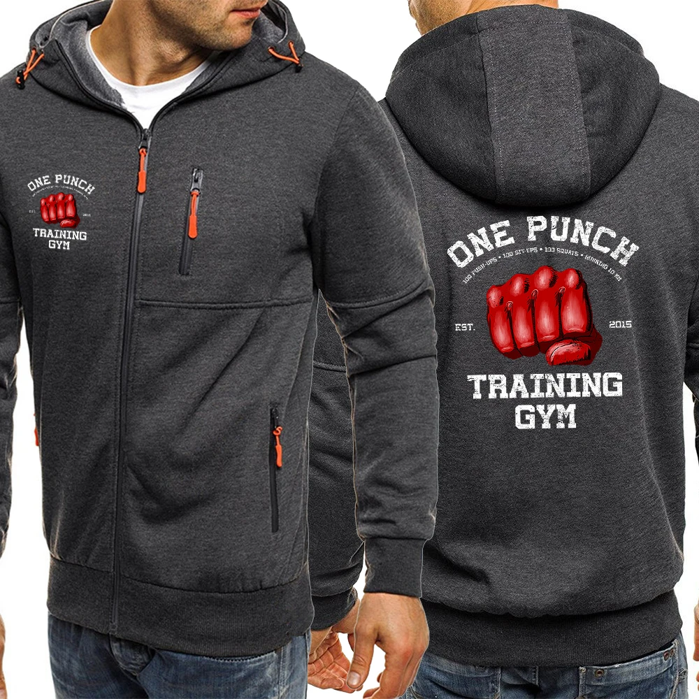 

One Punch Fist Training Gym Printed Hoodies Men Fleece Zip Up Sweatshirt Zipper Pocket Tracksuit Street Fashion Loose Hoody