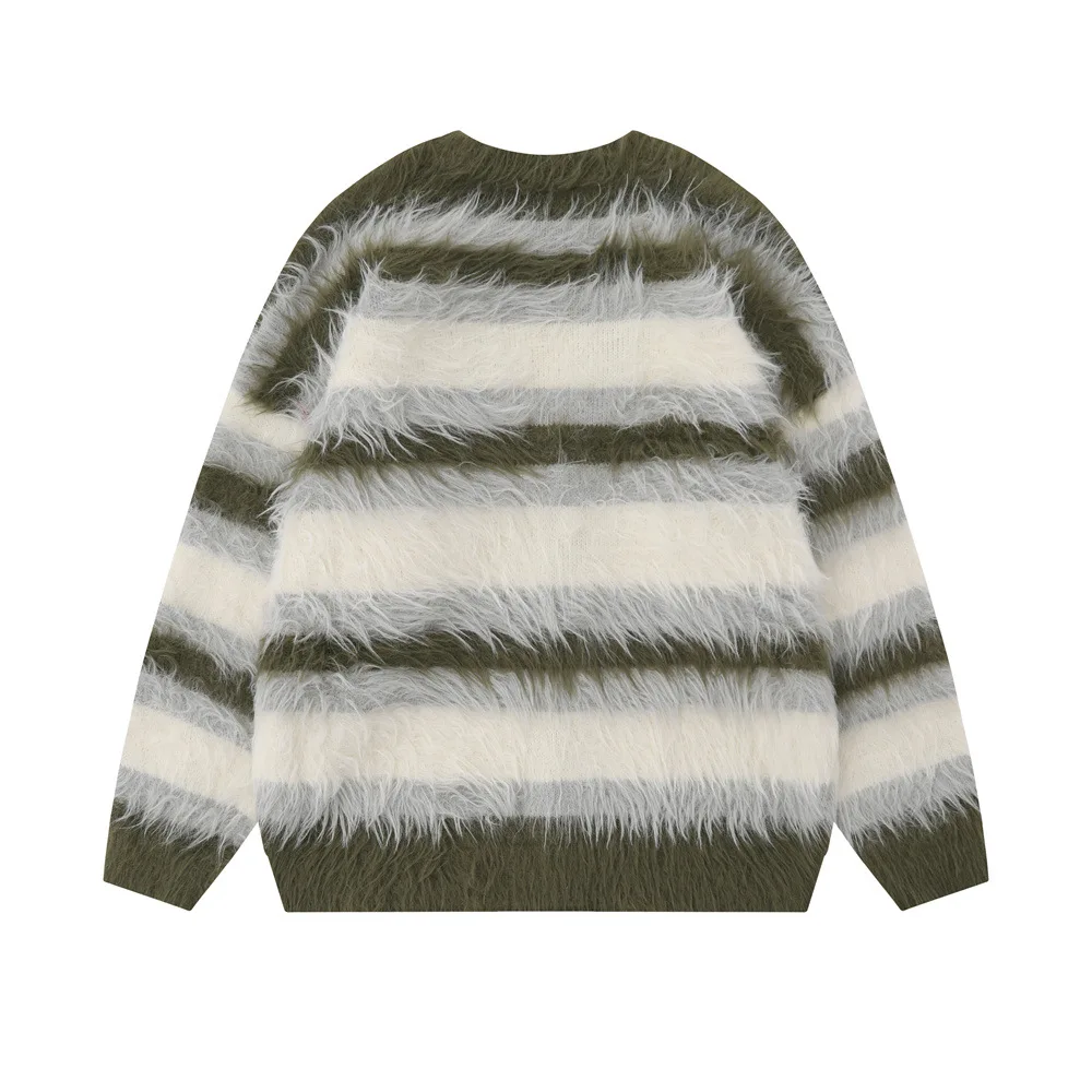 Striped Plush V-neck Sweater Men's Loose Casual Brushed Knit Trendy Couple Versatile Comfortable Harajuku High Street Cardigan 2
