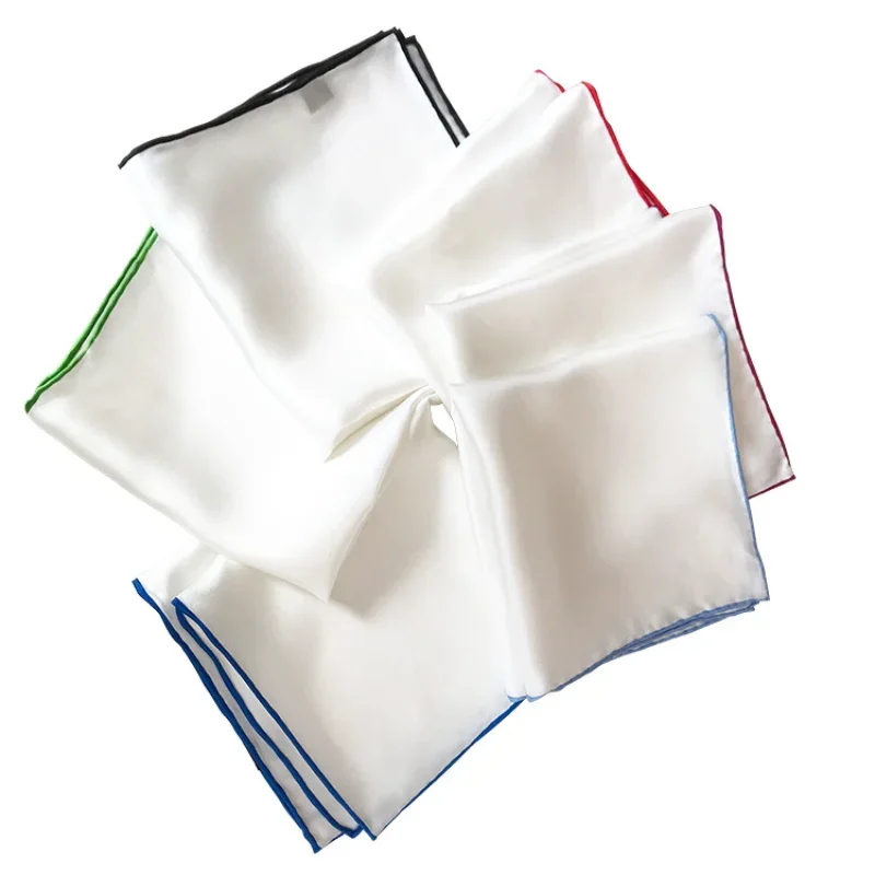 

Natural Mulberry Silk 34cm White Handkerchiefs Hand Rolled Hem Pocket Squares for Men BLACK RED GREEN Colorful Edge Banding