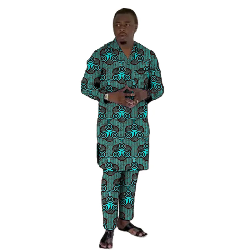 V-Neck Shirts With Bottoms Men's Groom Suit Original Design Nigerian Fashion Pant Sets African Wedding Party Outfits 5
