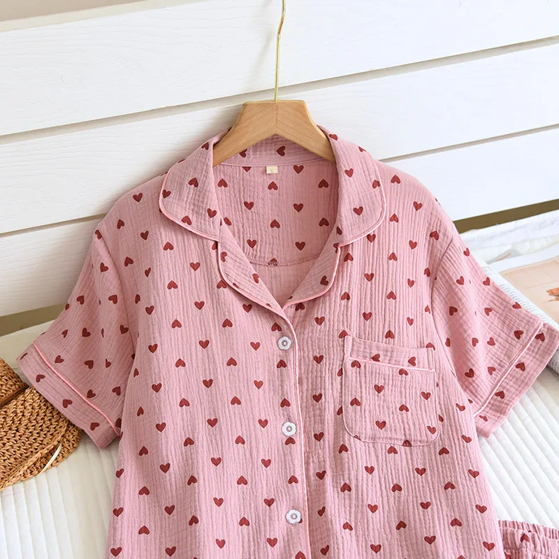 New summer women's pajamas short-sleeved shorts two-piece set 100% cotton crepe loungewear cute love breathable large size suit