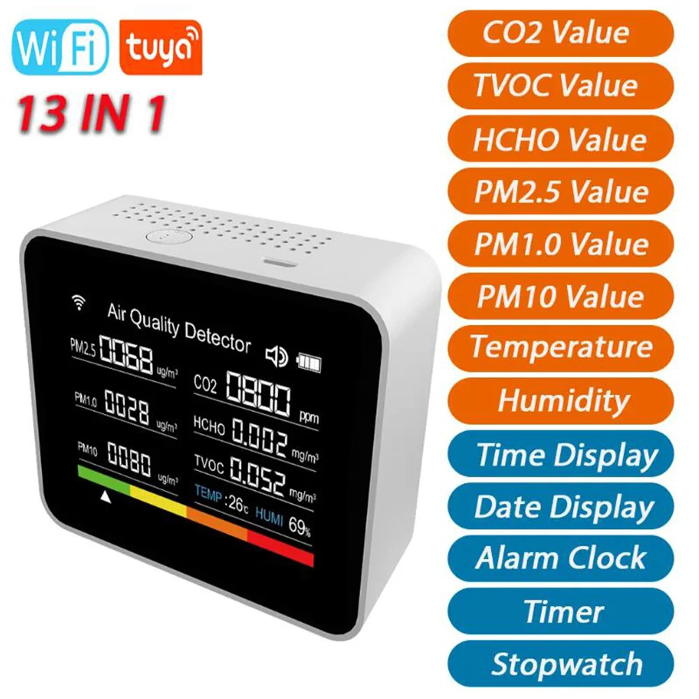 13 in 1 Tuya WIFI Air Quality Monitor CO2 Detector CO2/TVOC/HCHO/PM2.5/PM1.0/PM10/Temperature/Humidity/Time/Date/Alarm/Timer air quality monitor