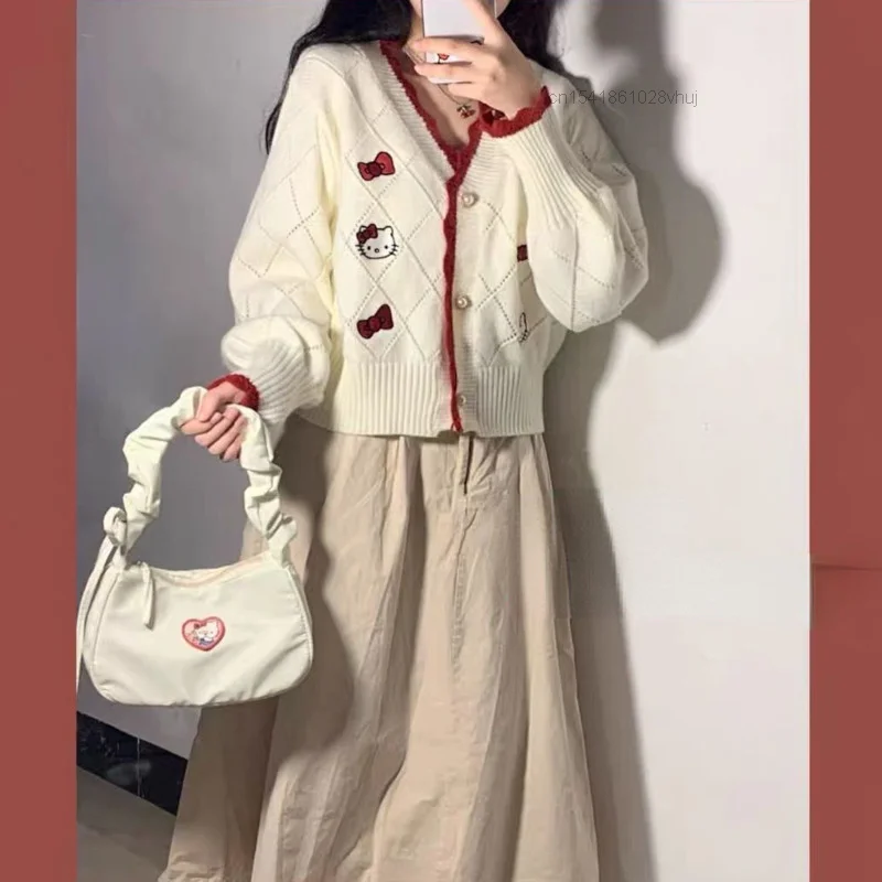 Y2k 산리오 헬로 키티 패턴 여성 가디건, 루즈 스웨터, 학생 프레피, 스위트 걸, 귀여운 니트웨어, 올매치 소프트 탑