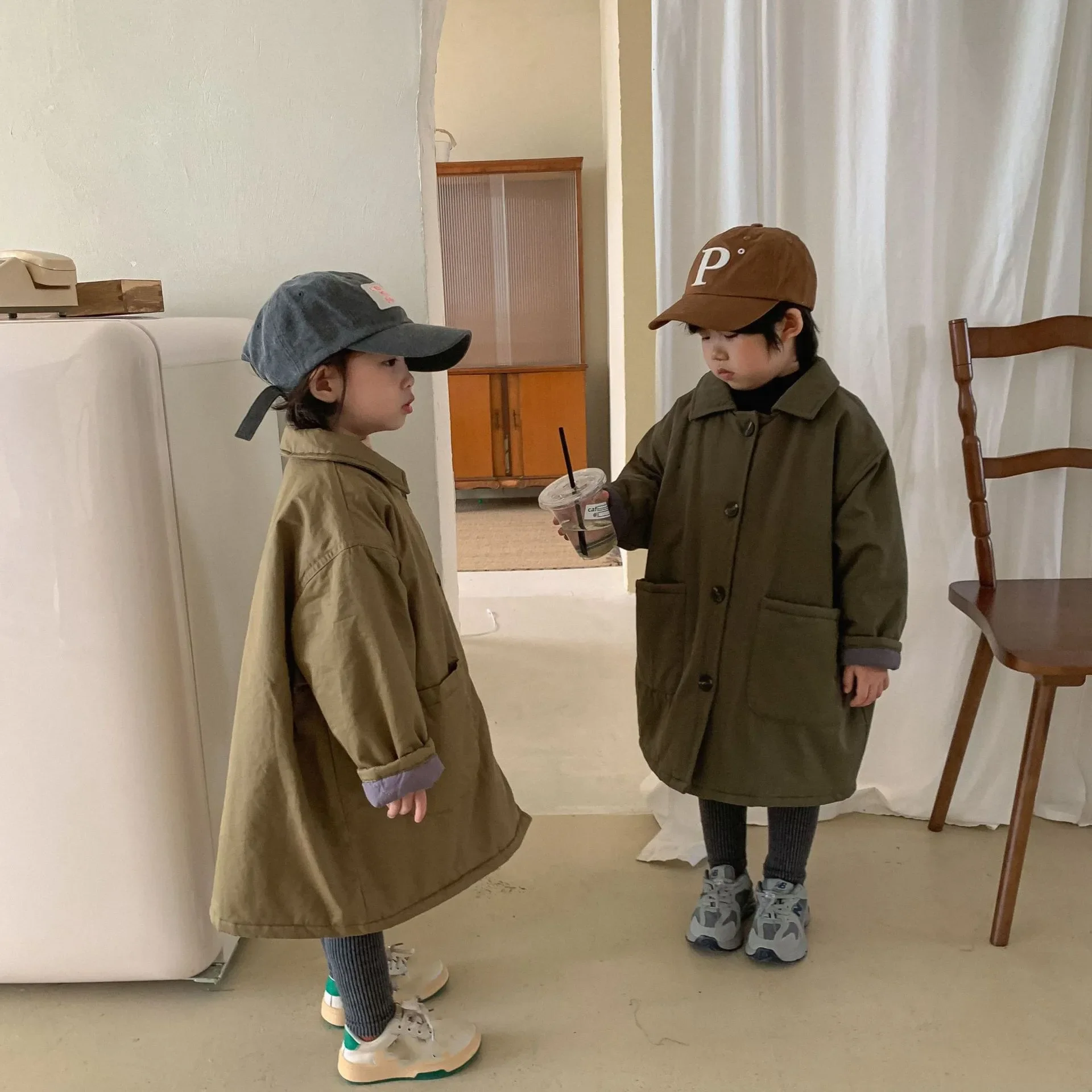 Korean Style New Winter Children Long Cotton Padded Coats Warm Thicken Solid Color Parkas Unisex Kids Casual Outerwear A170