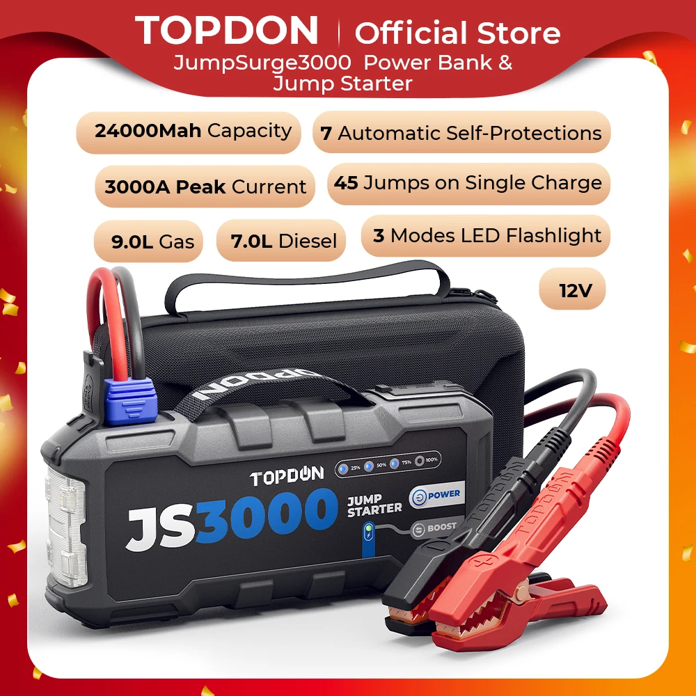 Topdon JS3000 3000A skok sytič energie banka 12V auto startovní zařízení 24000mah baterie skok spustit pro posilovací pro 9L gas&7l motorová nafta