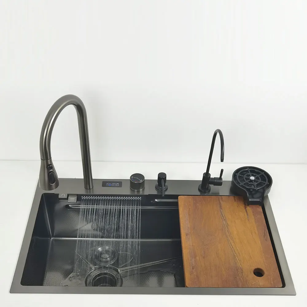 LED waterfall faucet kitchen sink honeycomb anti-scratch nano technology left drain 304 Stainless Steel Large Single basin sinks 3