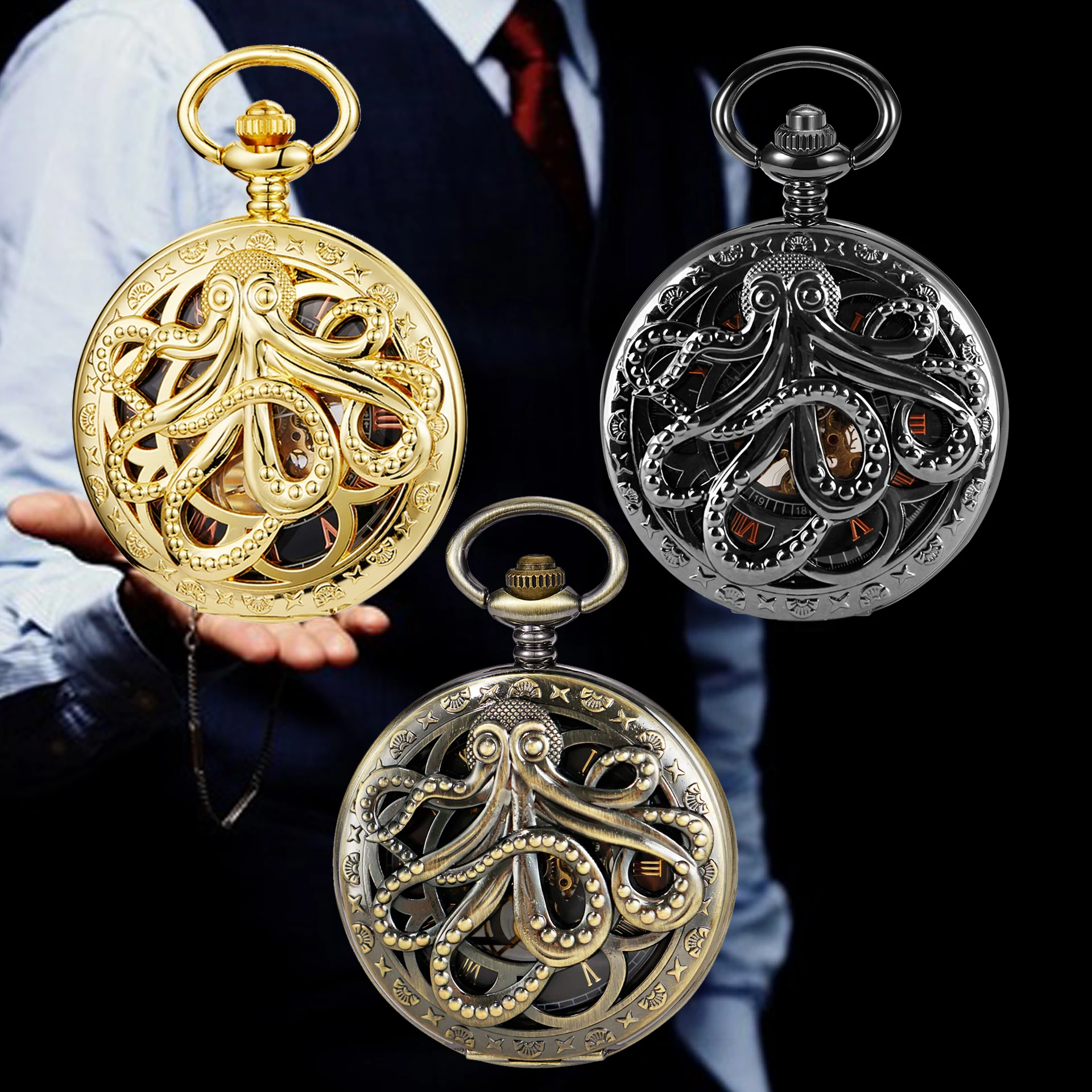 Pocket Watch Quartz Vintage Dark Monster Octopus Hollow Steampunk FOB Chain Watch Pendant Necklace Men Children Gift