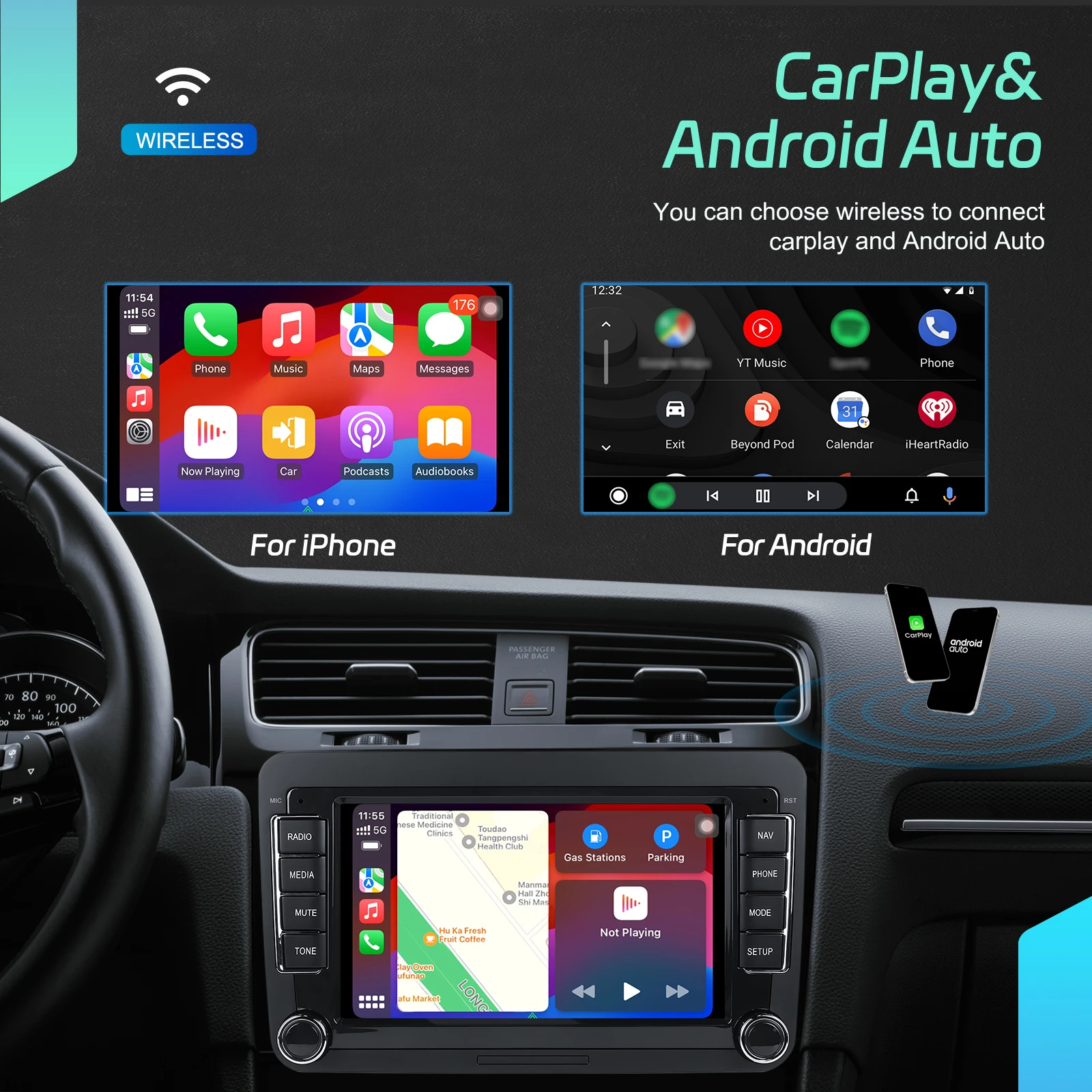 Radio Estéreo para Auto Podofo 6+128G Android 2Din, Carplay, Android Auto con Receptor FM, Voz AI, DSP para VW, Seat, Skoda, PASSAT, GOLF, Navegación GPS, Autoradio 2