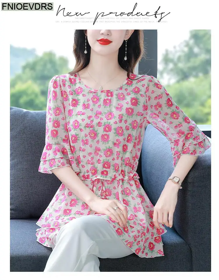 S-4XL Loose Clothes 2023 Women Summer Short Sleeve Elegant Ruffles Shirts Casual Chiffon Floral Tunic Peplum Tops And Blouses