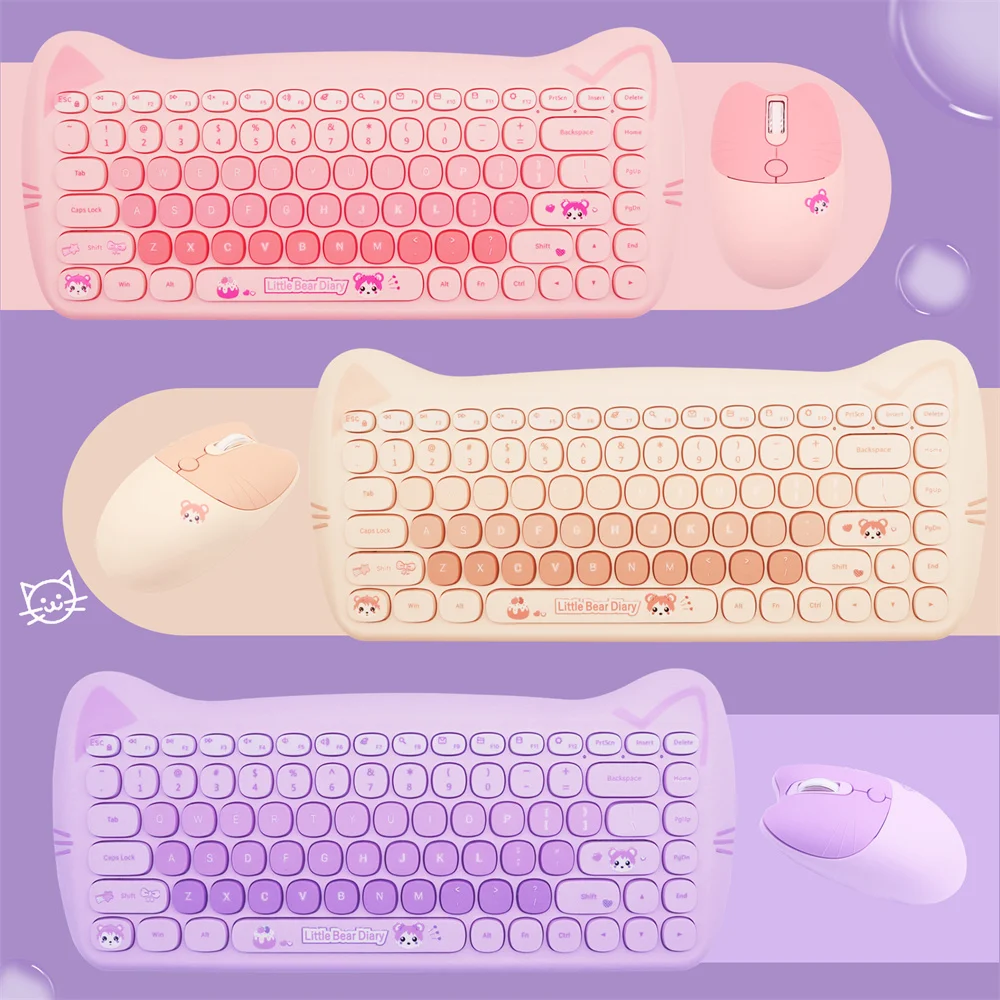 

Cute Keyboard and Mouse Set for Laptop PC Home Office Mini Cat Shape 2.4G Wireless Keyboards and Mice Combos for Festival Gifts