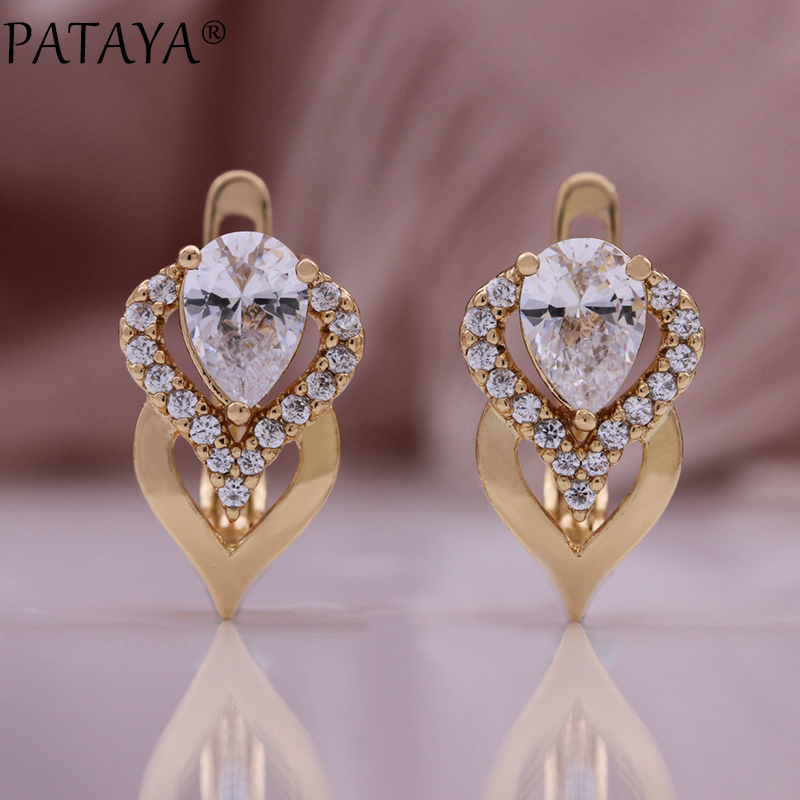 PATAYA Hot Simple White Natural Zircon Earrings for Women Trendy Champagne Gold Color Bride Wedding Earrings Fine Jewelry